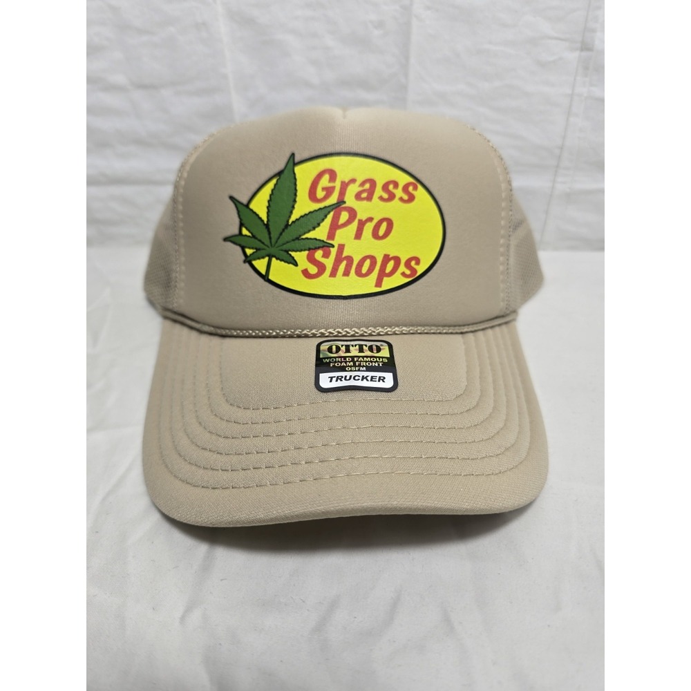 Grass Pro Shops Tan Otto Trucker Hat Marijuana Weed Leaf Snapback Cap New